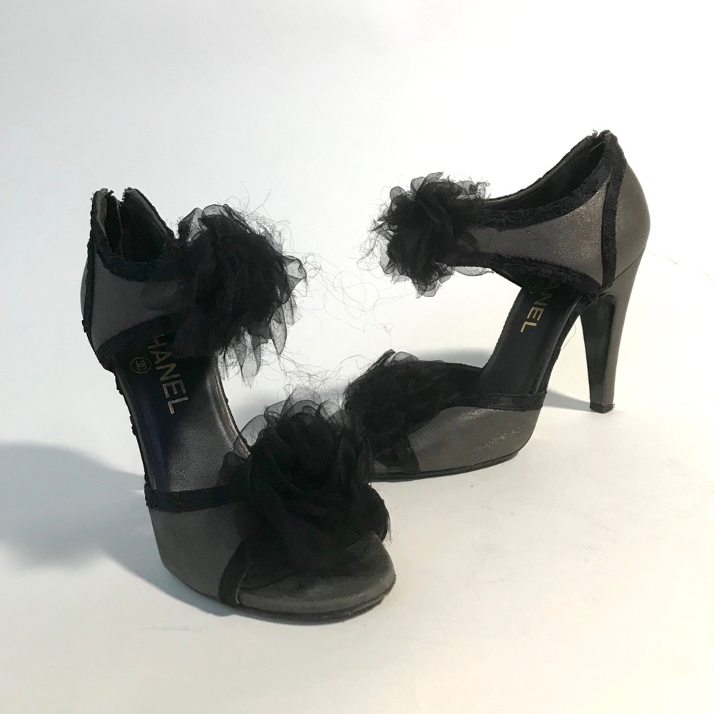 Chanel Grey and Black Chiffon, Zippered Pumps